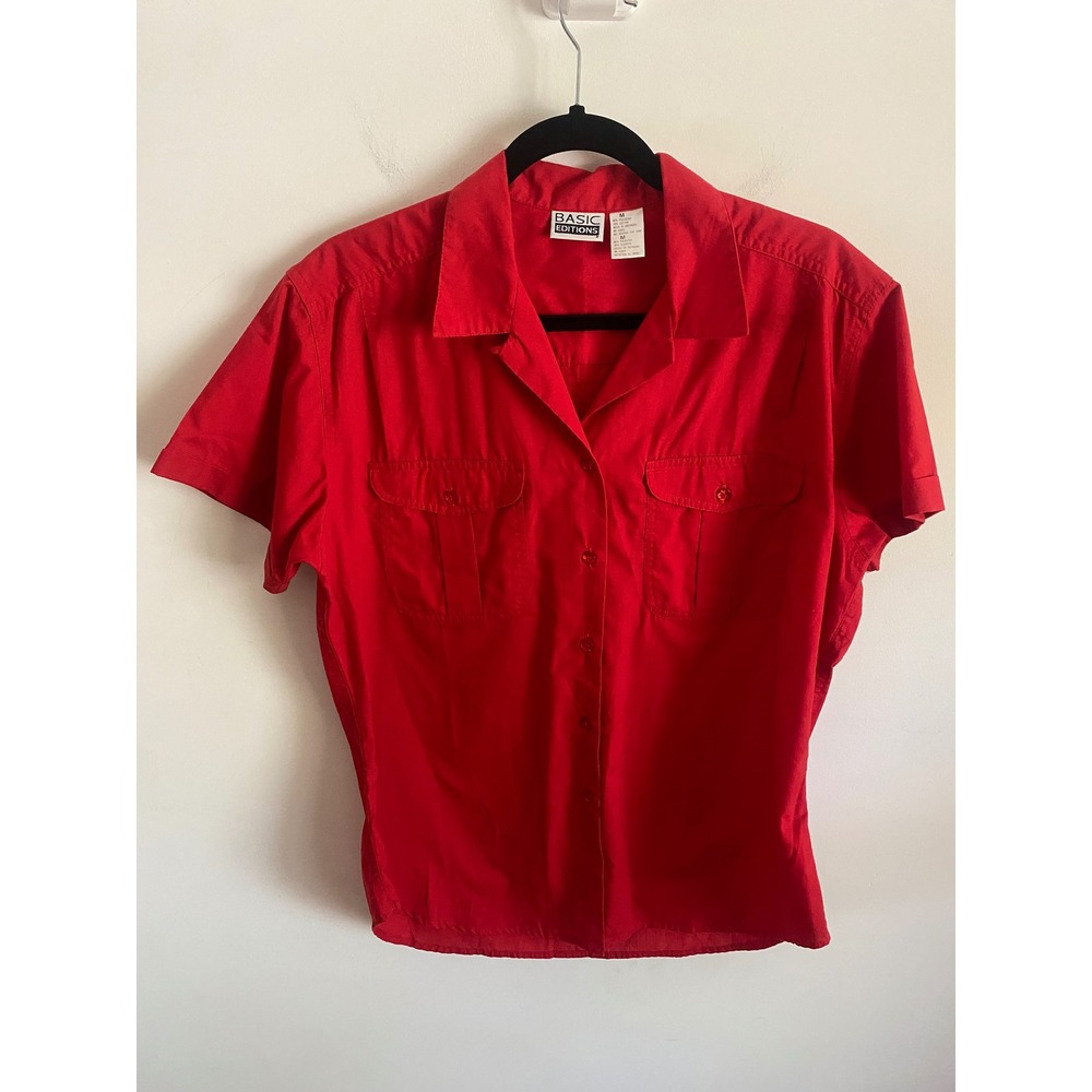 Basic Editions Red Short Sleeve Button Down Shirt Womens Medium Chest Pockets